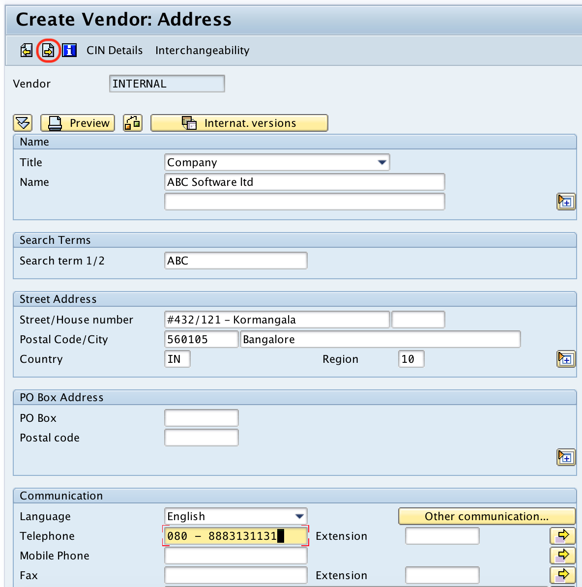 SAP Vendor code Address details