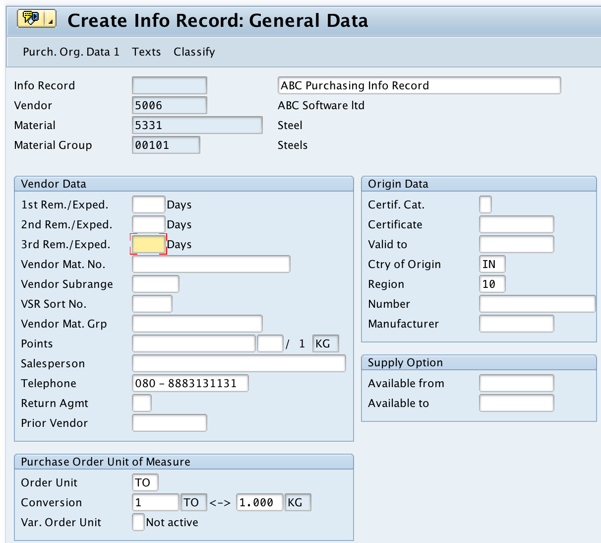 Create info record general data SAP