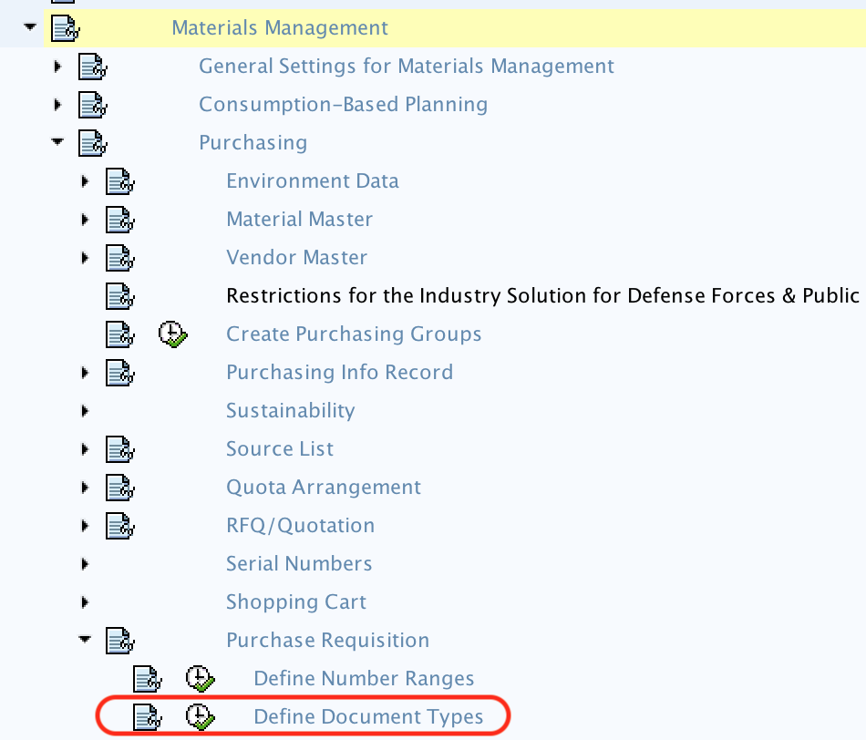 Define document types for PR SAP path