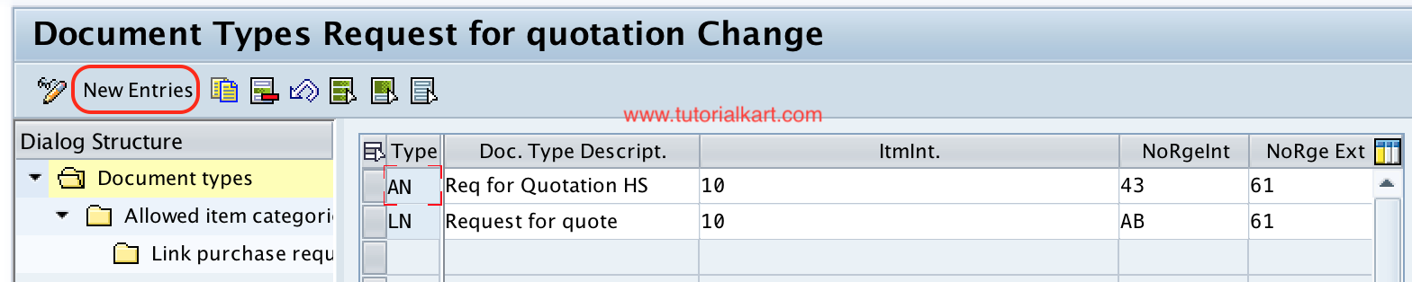 Document Types for RFQ new entries