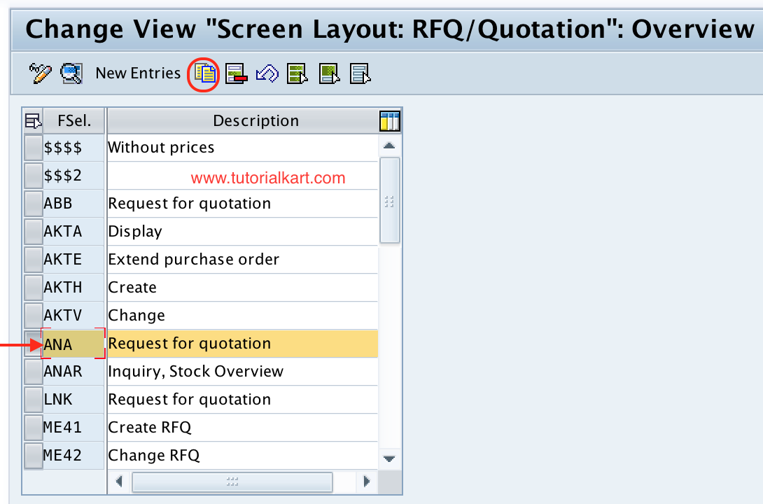 Screen layout RFQ new entries SAP