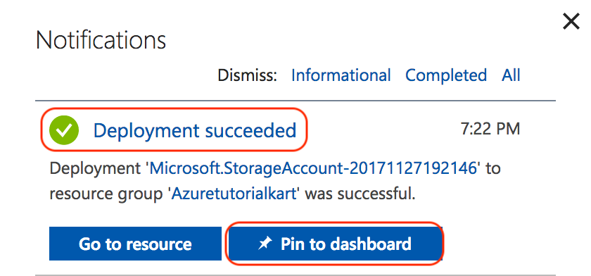 azure storage account deployment success message