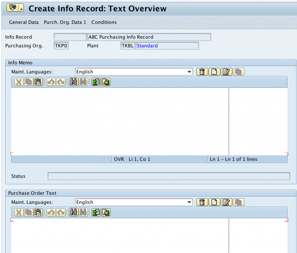 create Purchase Info Record text overview SAP