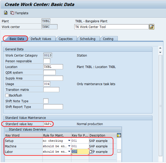 create work centre basic data SAP