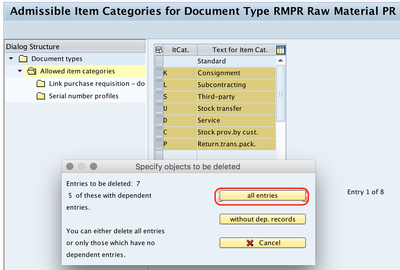 delete document type item categories SAP