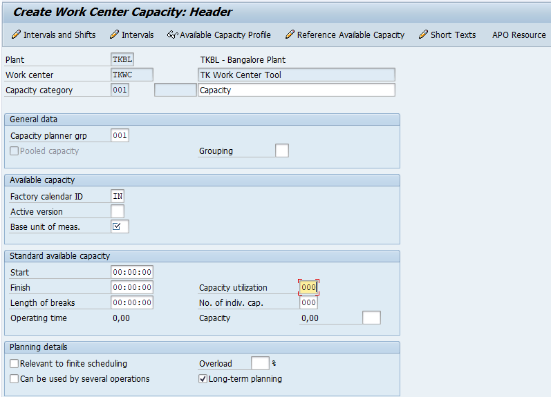 work center capacity header in SAP