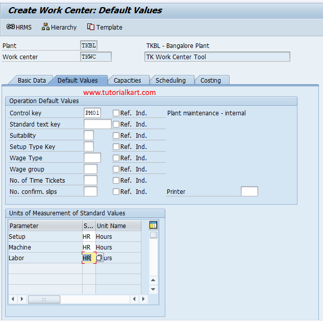 work centre default values in SAP