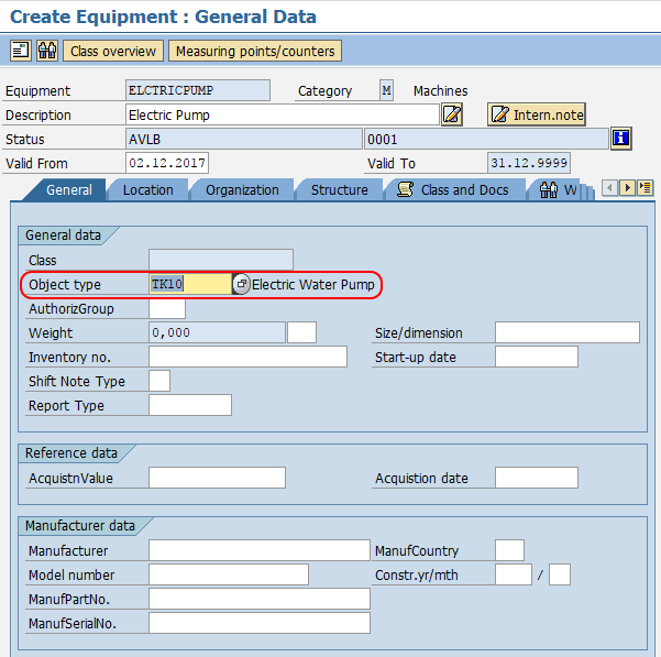 Equipment general data in SAP