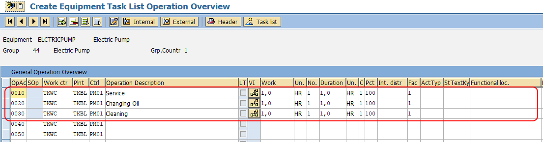 SAP equipment task list internal services