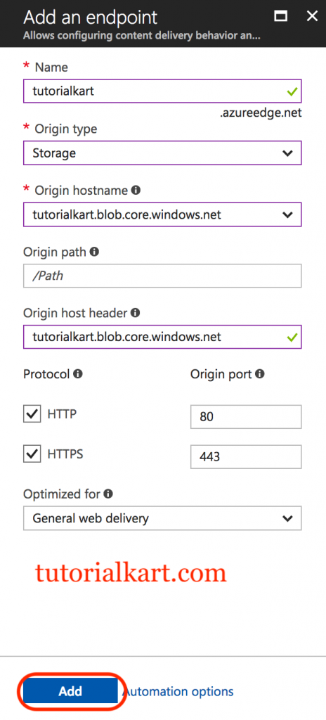 Creating new Azure CDN endpoint