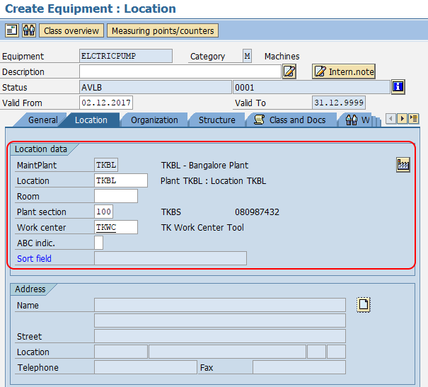 create equipment location in SAP