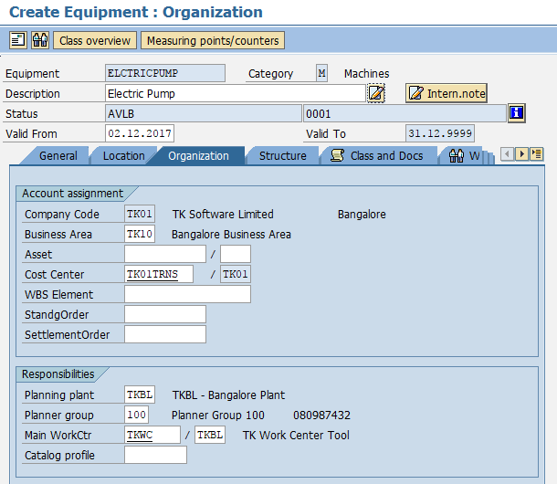 create equipment organization details