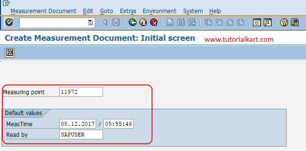 create measuring document initial screen SAP