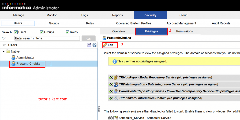 Assigning privileges to Informatica user