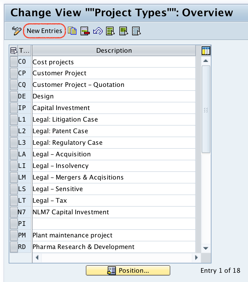 Project types in SAP New entries