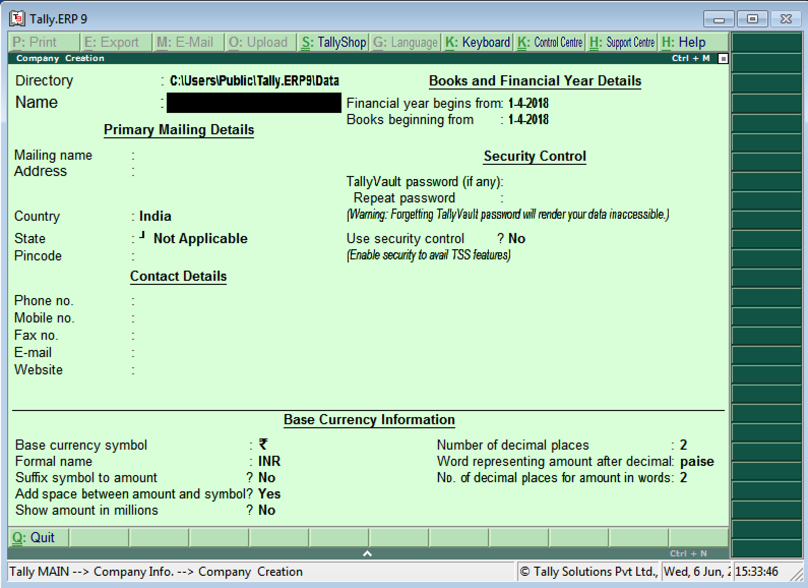 Company Creation in Tally