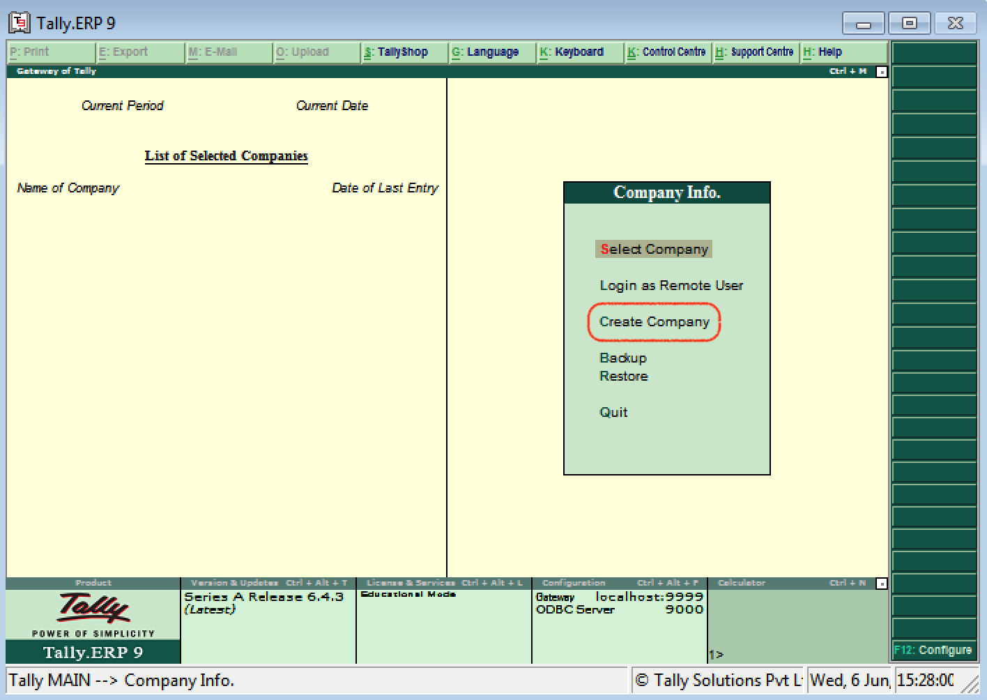 Create company in Tally ERP 9