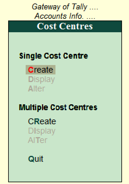 Create single cost centre Tally