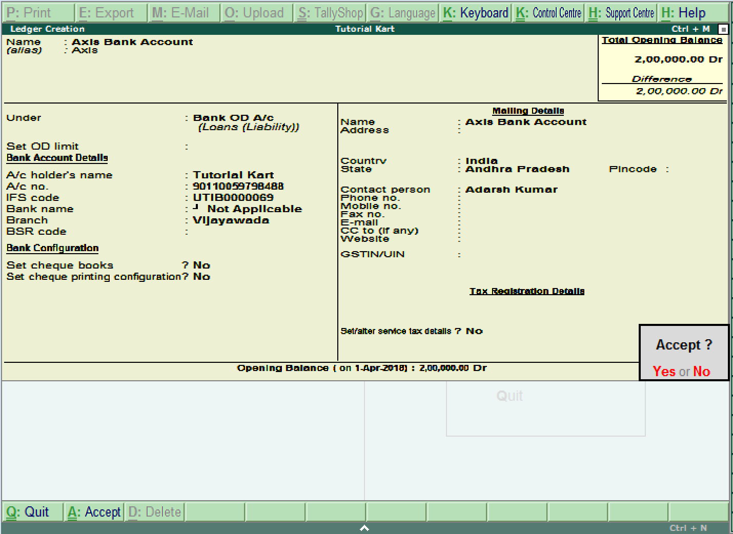 Create single ledger account in Tally