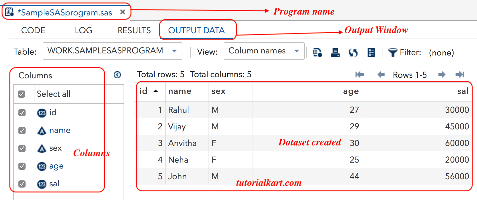 Output window Sample SAS Program