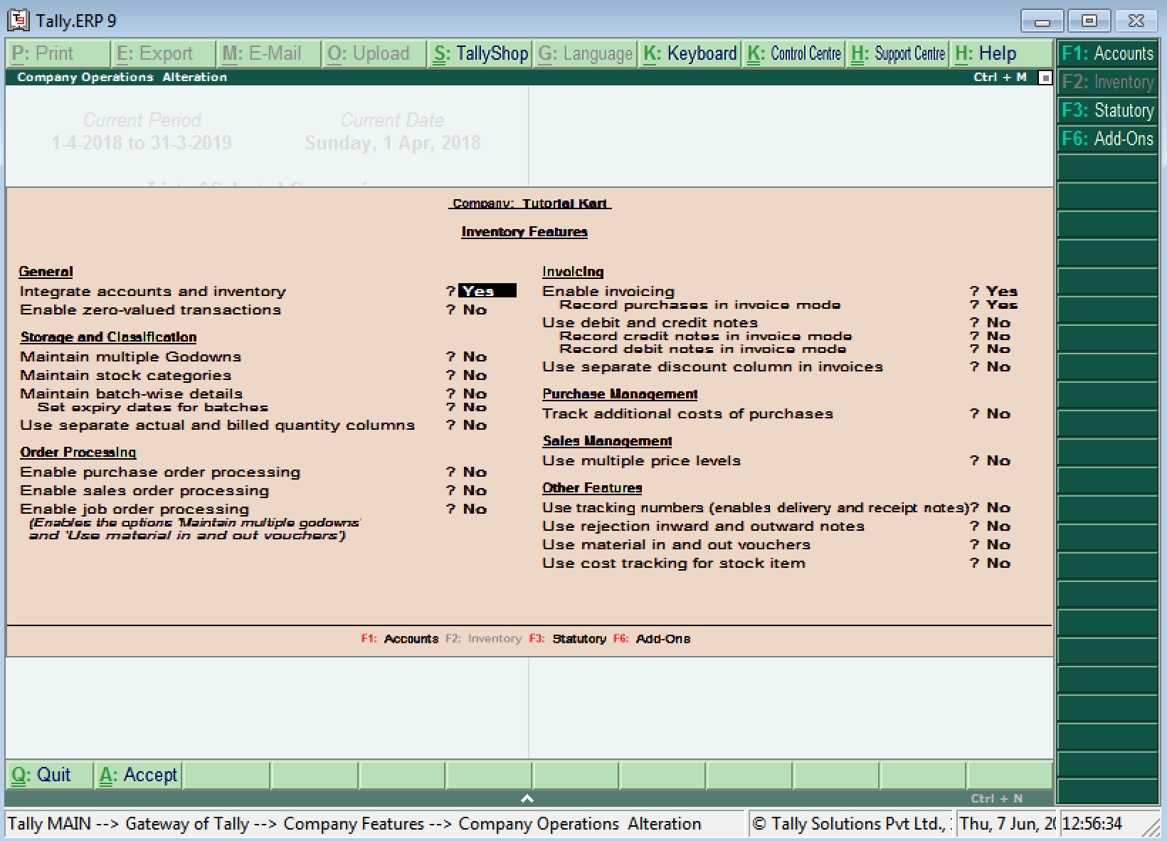 Enable Inventory Features in Tally