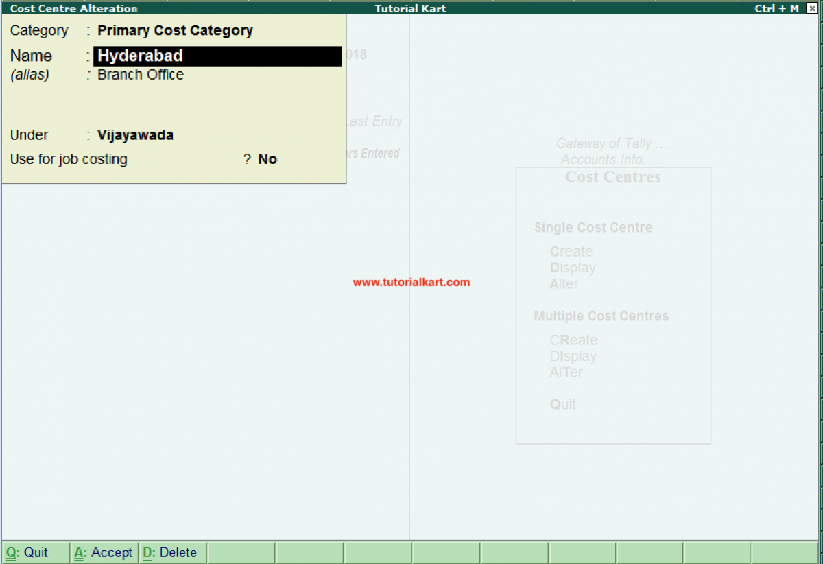 How to Create, Display & Alter Cost Centre in Tally (Single Cost Centre)