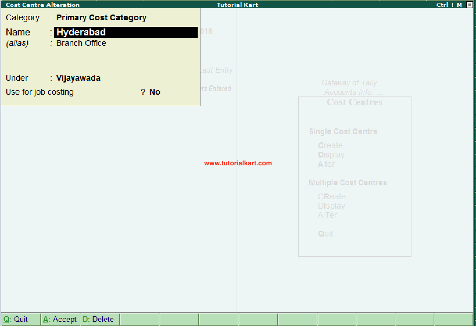 How to Alter Single Cost Centre in Tally