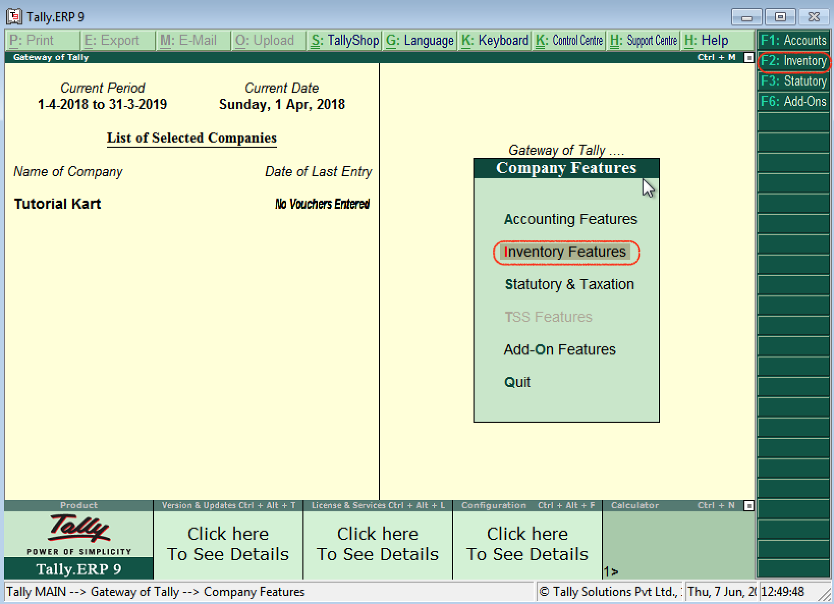 Inventory features in tally