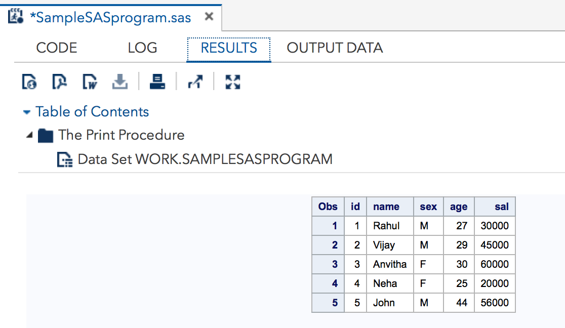 Result window Sample SAS Program