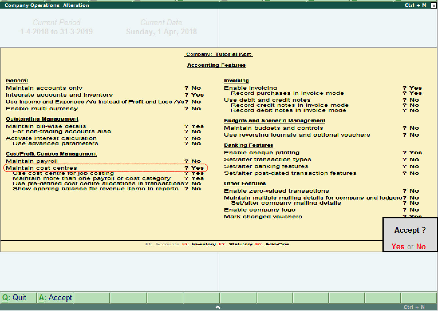 enable cost centres in Tally