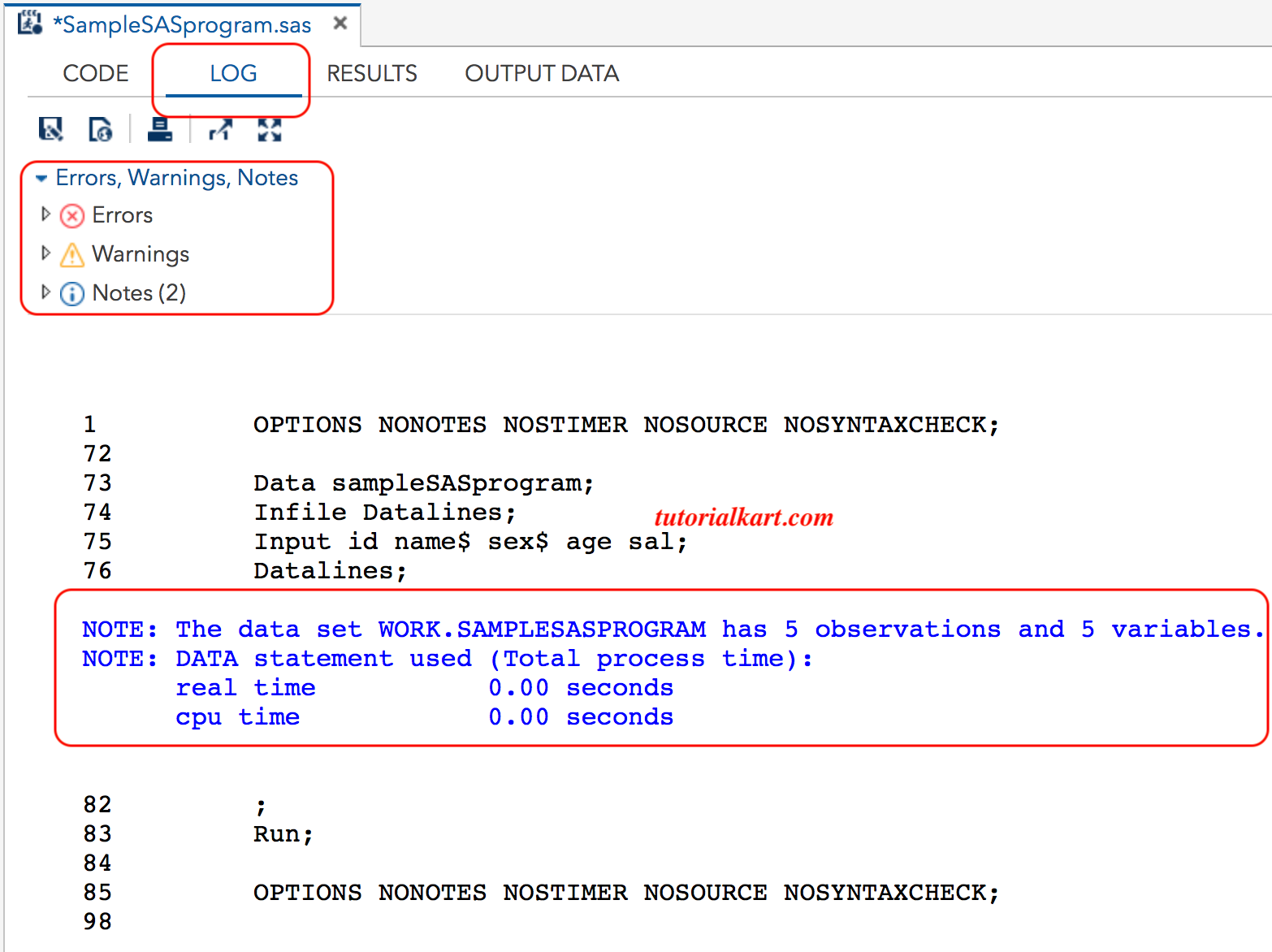 Writing our first Sample SAS Program - log window