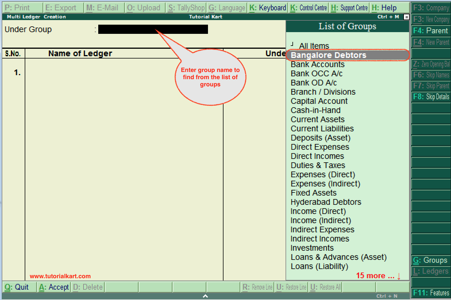 multi ledger creation under group in Tally