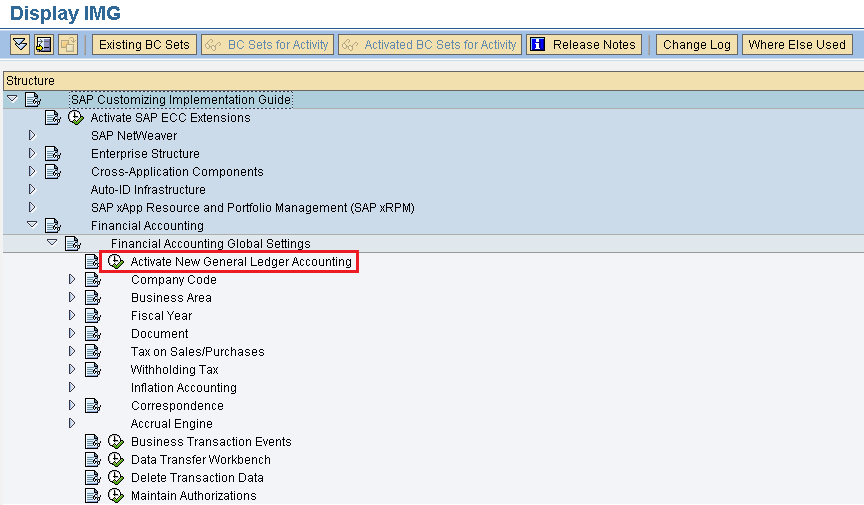 Activate new general ledger accounting SAP menu