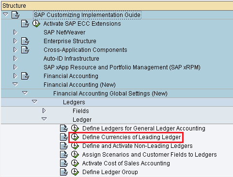 Define currencies of leading ledger in SAP path