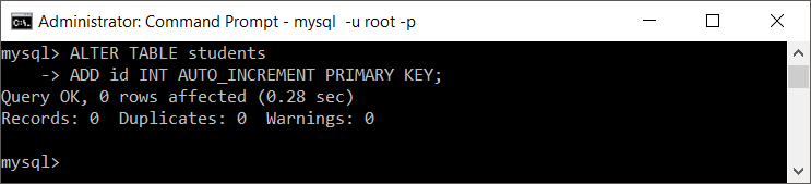 MySQL add integer column that is PRIMARY KEY and auto increments