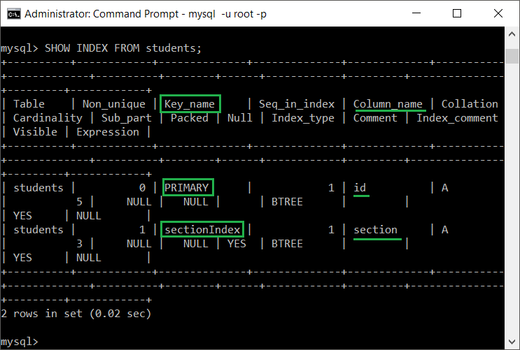 MySQL show all index of a table