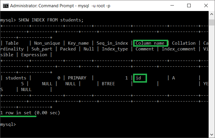 MySQL SHOW INDEX FROM TABLE