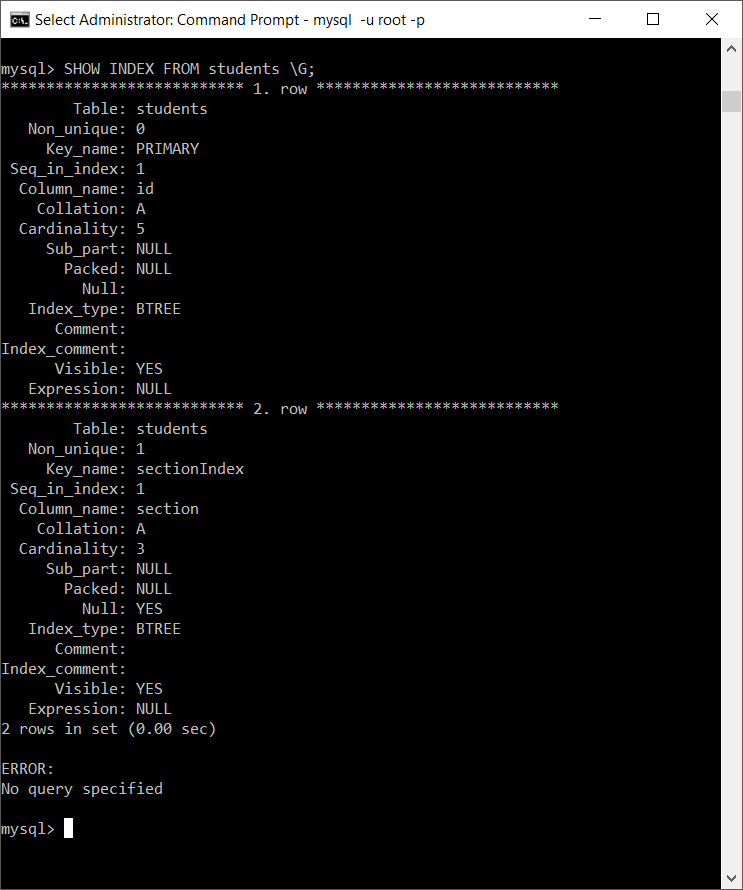 MySQL SHOW INDEX FROM table