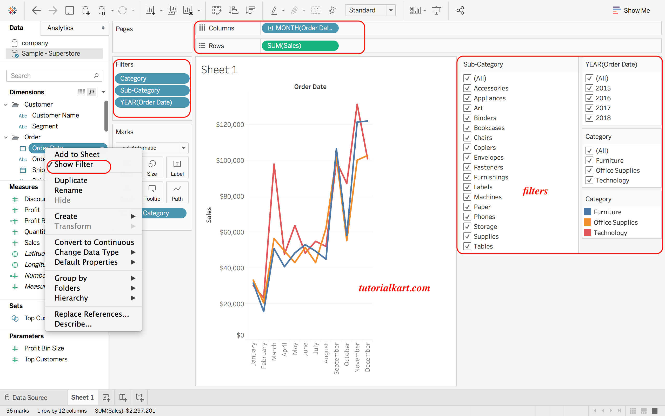 Adding filters to charts in tableau