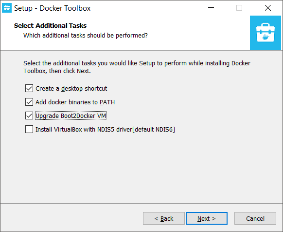 Docker Toolbox Installation - Select Additional Tasks