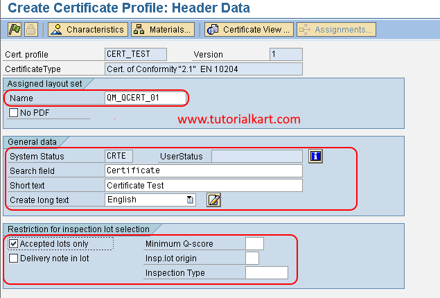 Create certificate profile in SAP QM header data