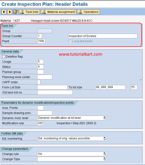 Create inspection method in SAP header details