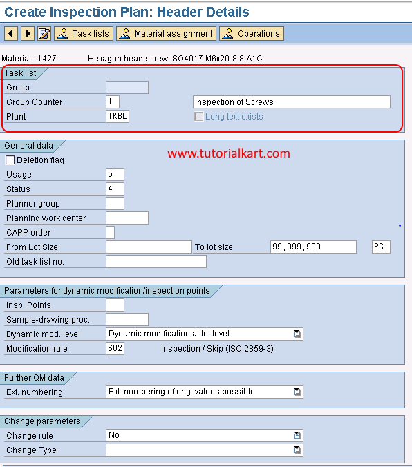 sap material assignment to inspection plan table