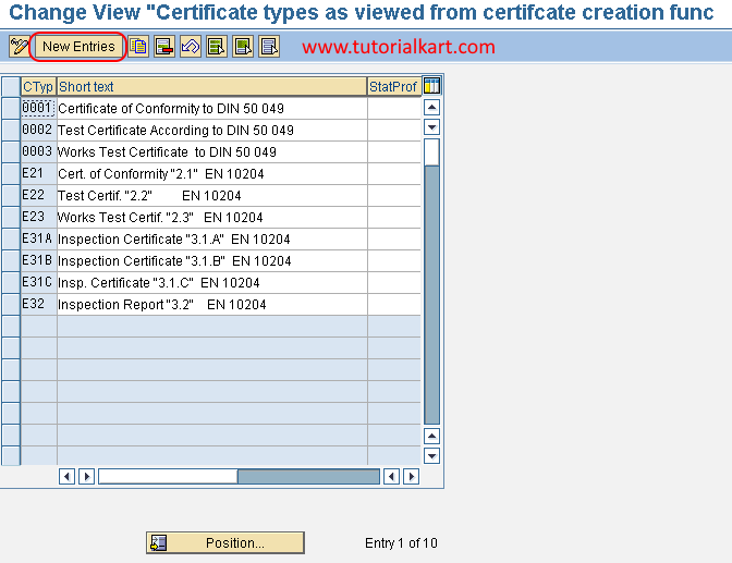 certificate types new entries in SAP QM