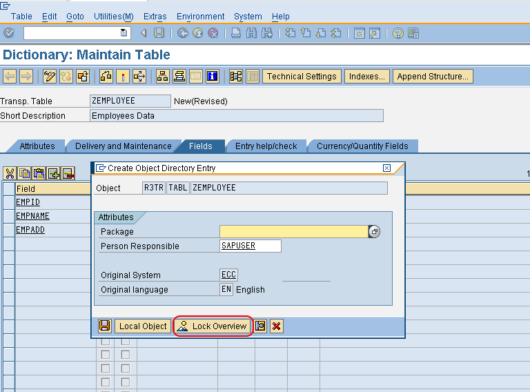 Create object directory entry for database table in SAP