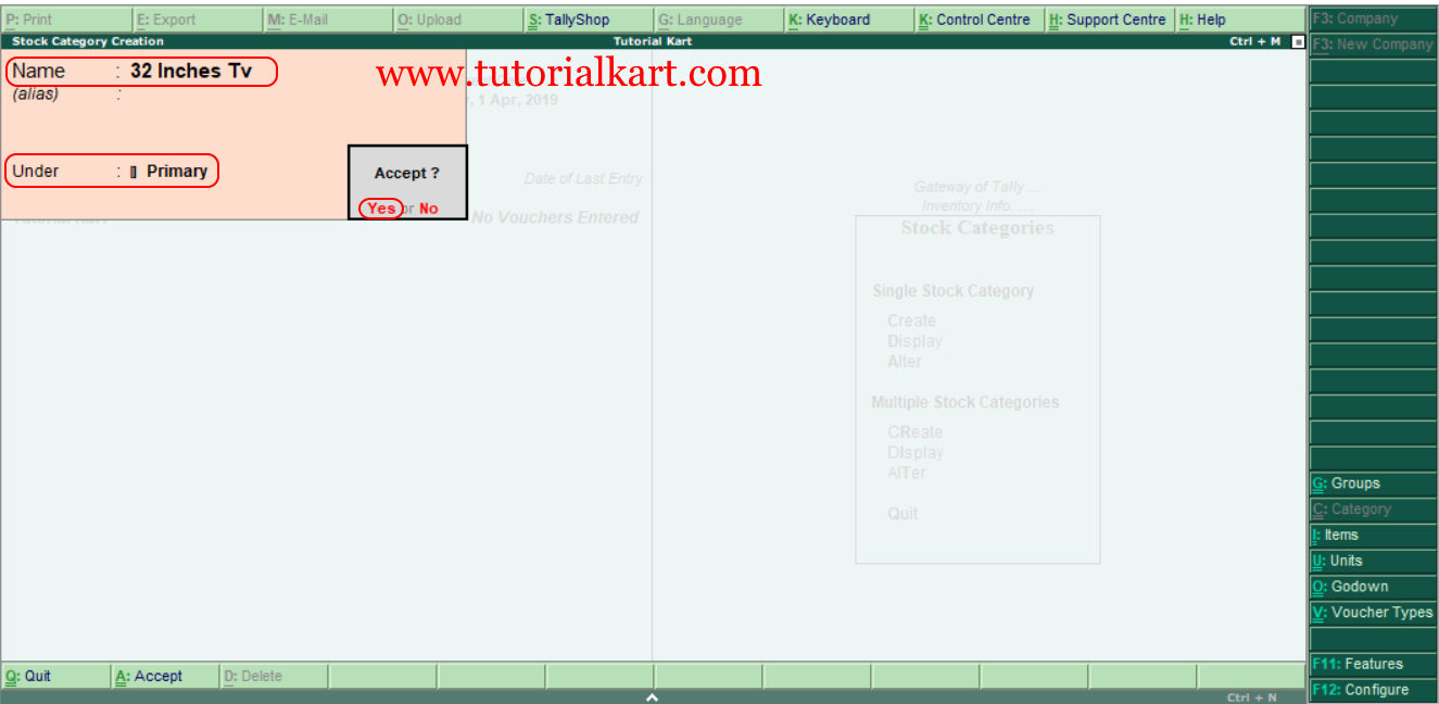 Create single stock category in Tally