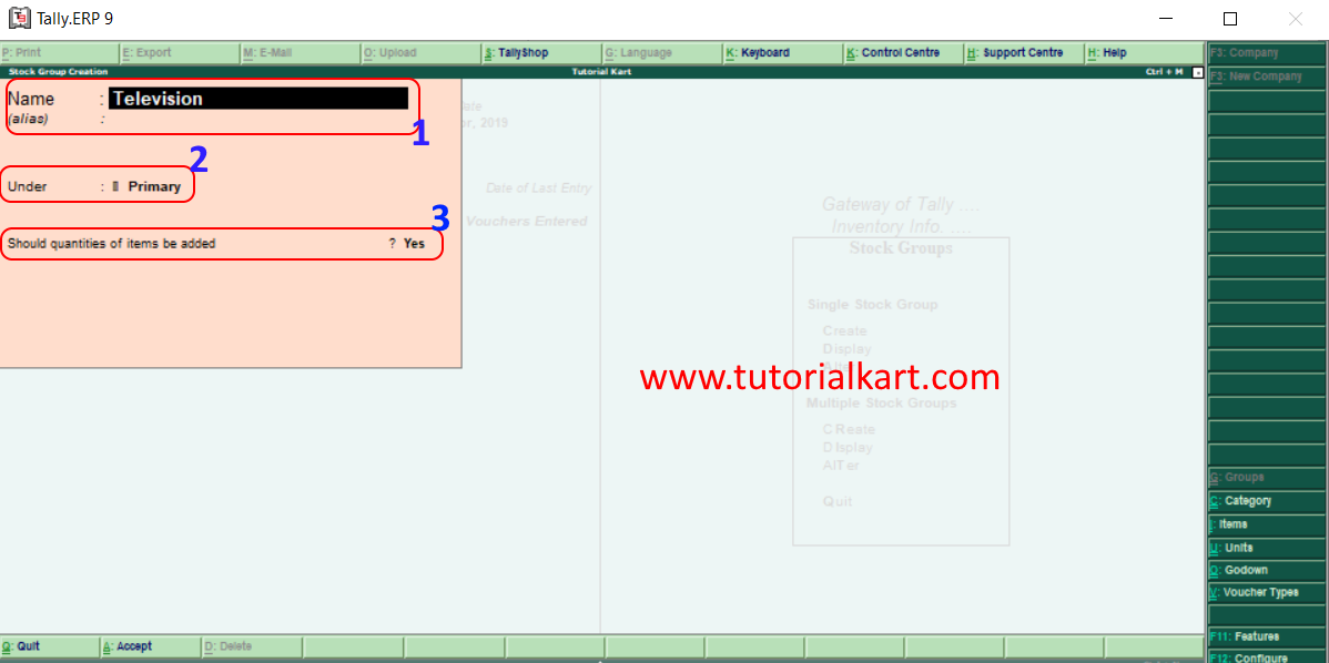 Create single stock group in Tally