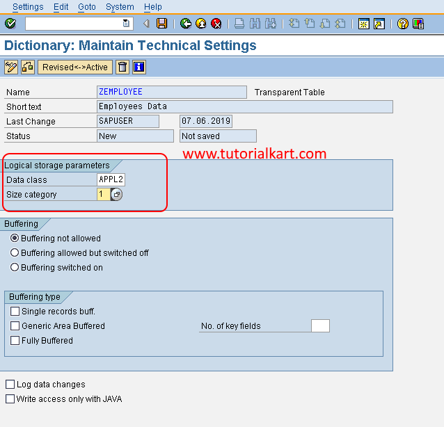 Dictionary Maintain technical setting in SAP