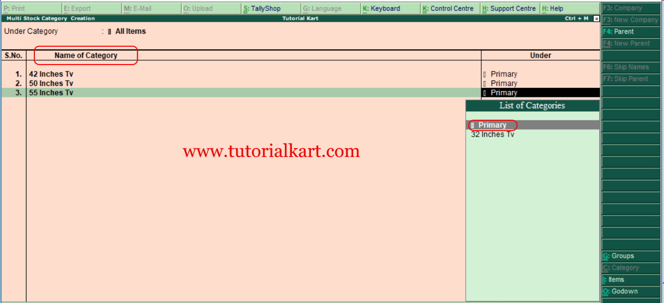 How to create multi stock categories in tally