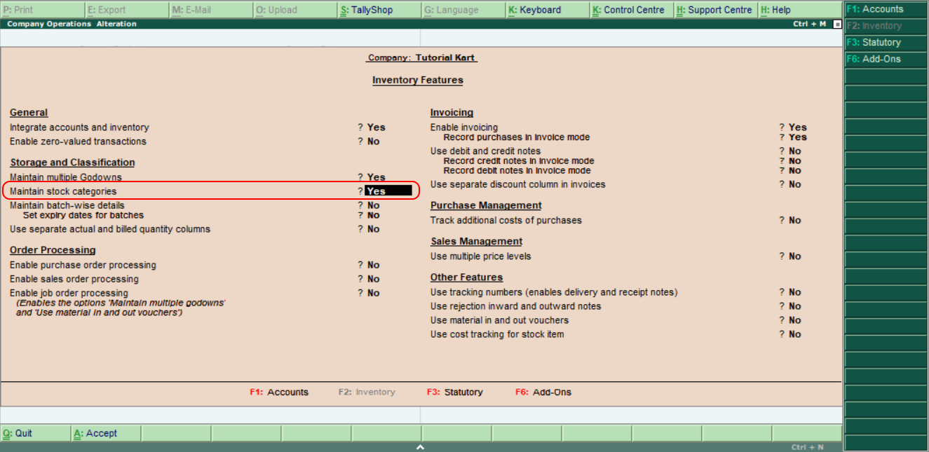 Maintain stock categories in tally